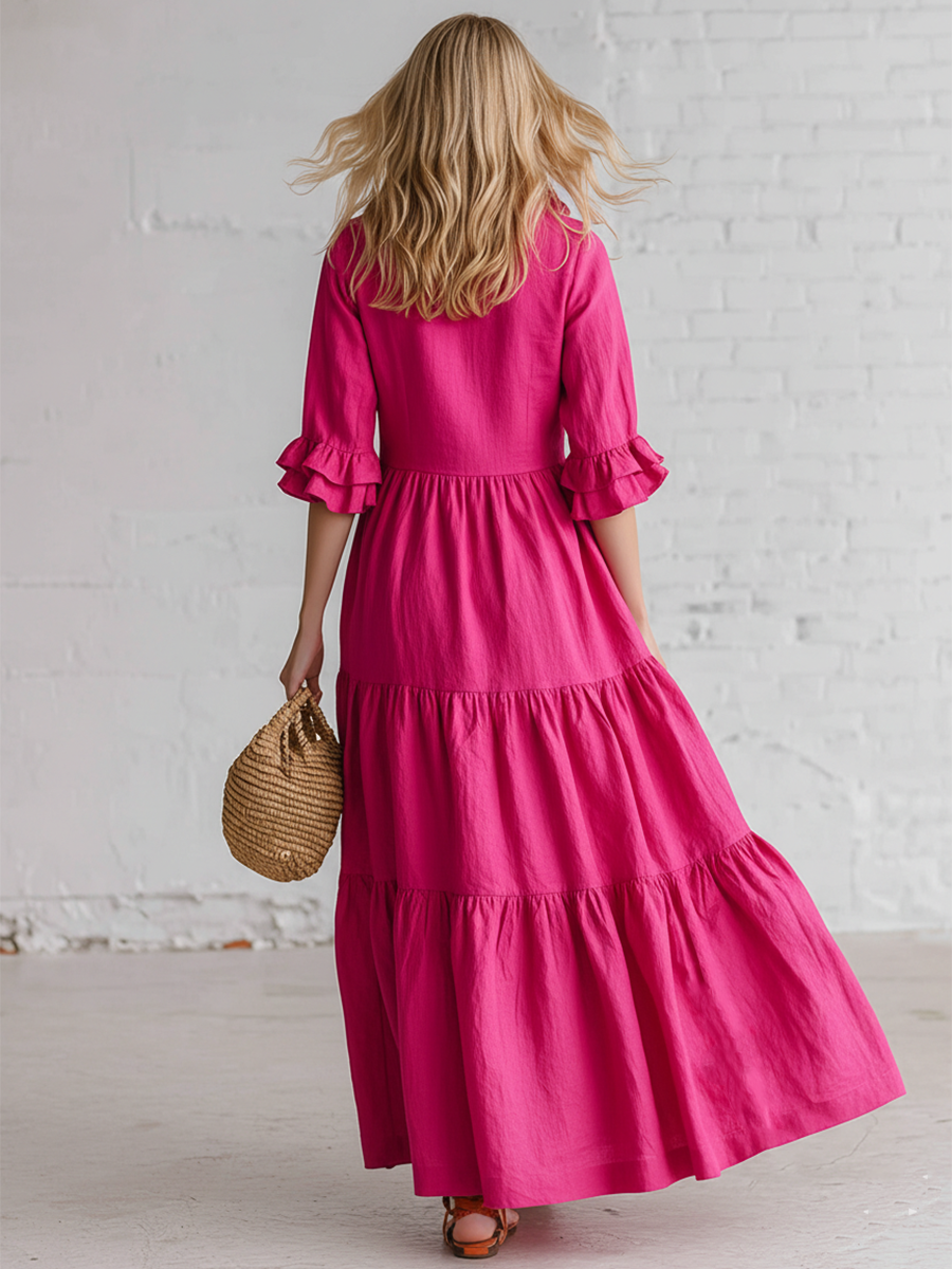Retro Pink Cotton Linen Ruffled Button Maxi Dress