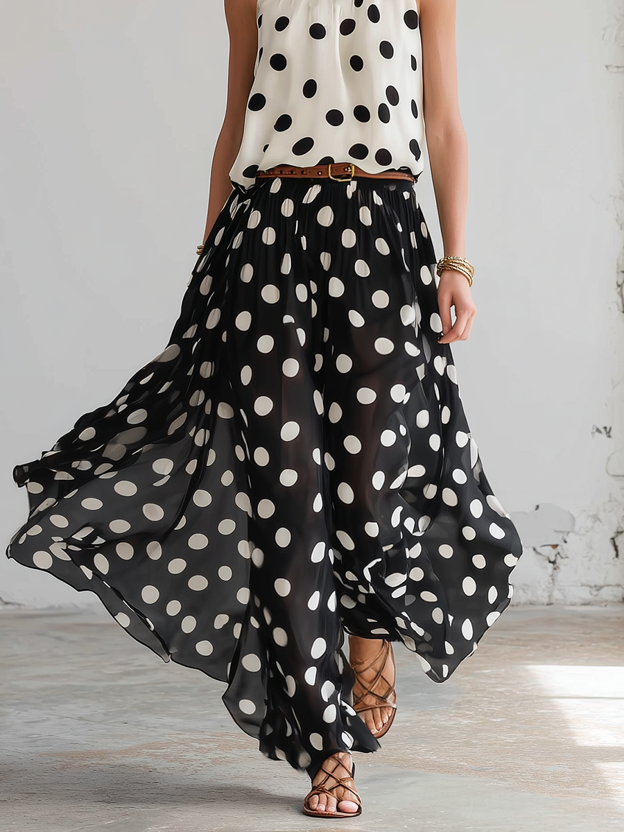 Stylish Black And White Polka Dot Chiffon Sleeveless Top And Skirt Set