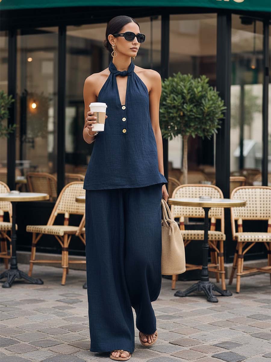 Casual Urban Halter Neck V-neck Front Button Dark Blue Cotton Linen Top And Pants Set
