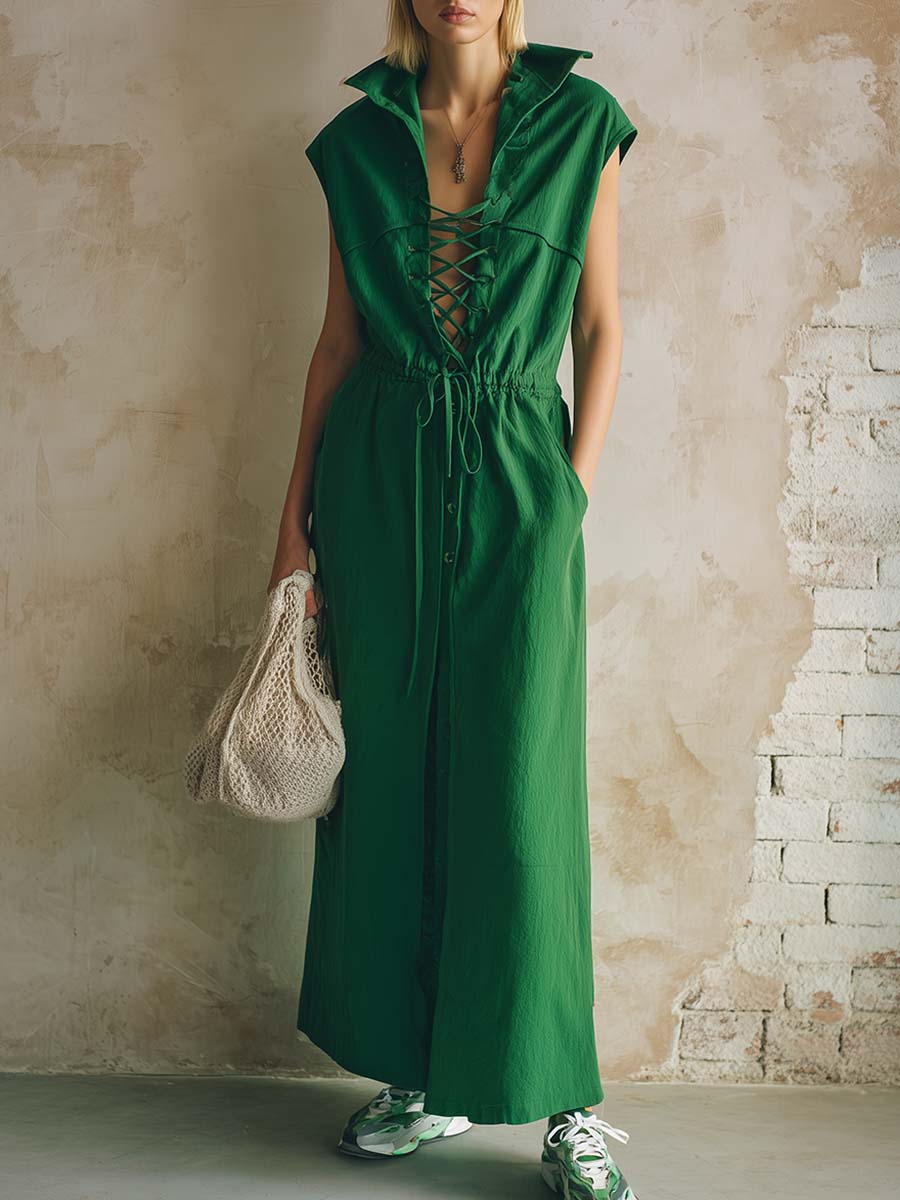Retro Casual Urban Style Lapel Front-tie Emerald Green Cotton Maxi Dress