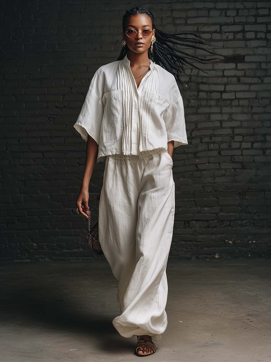 Personalized Casual Urban White Cotton Pleated Short-sleeved Shirt And Pants Set