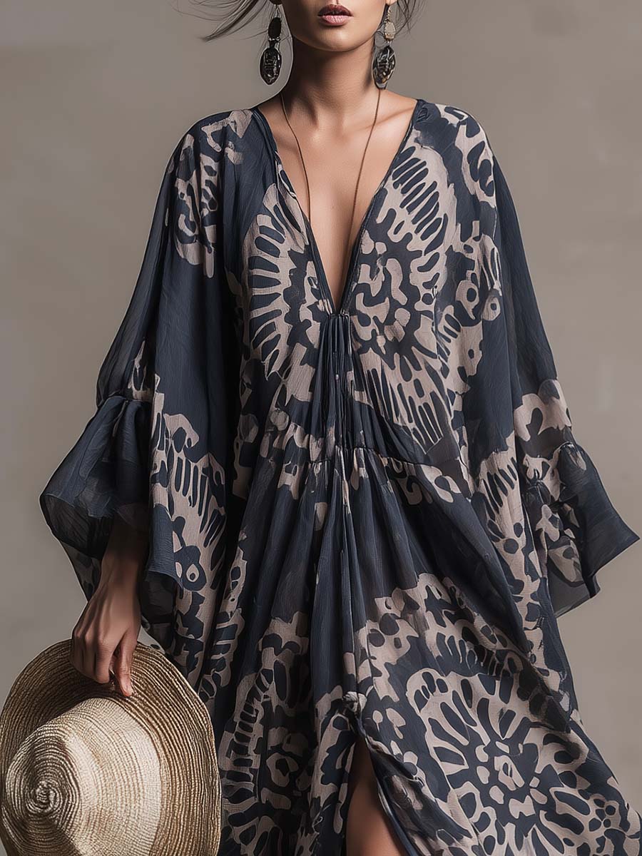 Elegant And Flowing Retro Print V-neck Dark Blue Chiffon Slit Maxi Dress