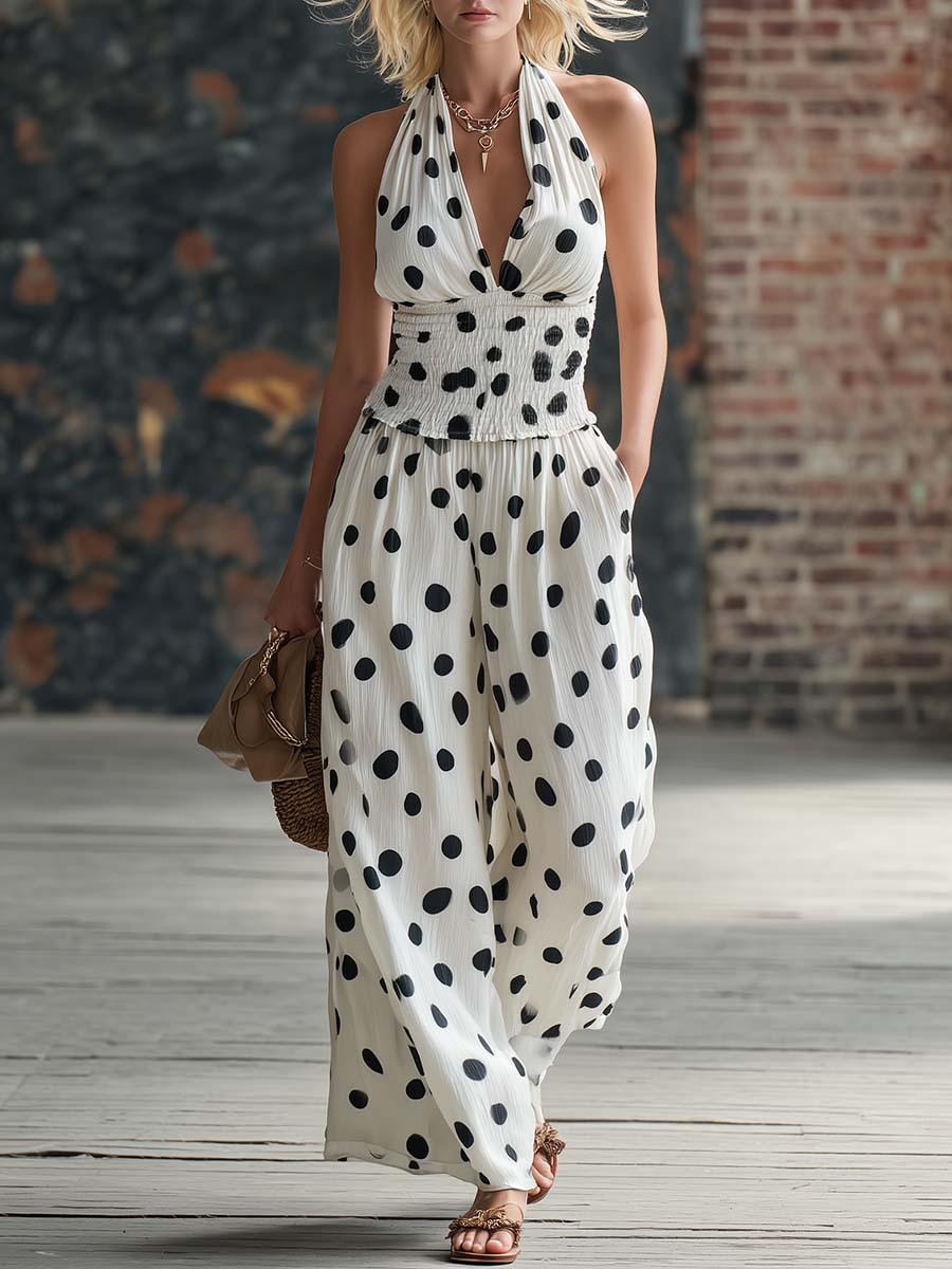 Retro-chic Polka Dot Print White Chiffon V-neck Top And Trousers Set