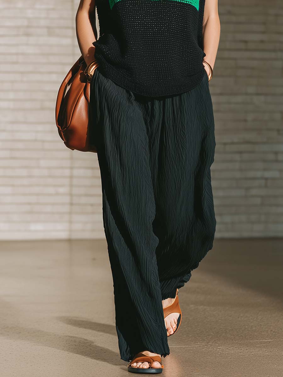 Retro Casual Urban Black Openwork Knit Top And Textured Pants Set