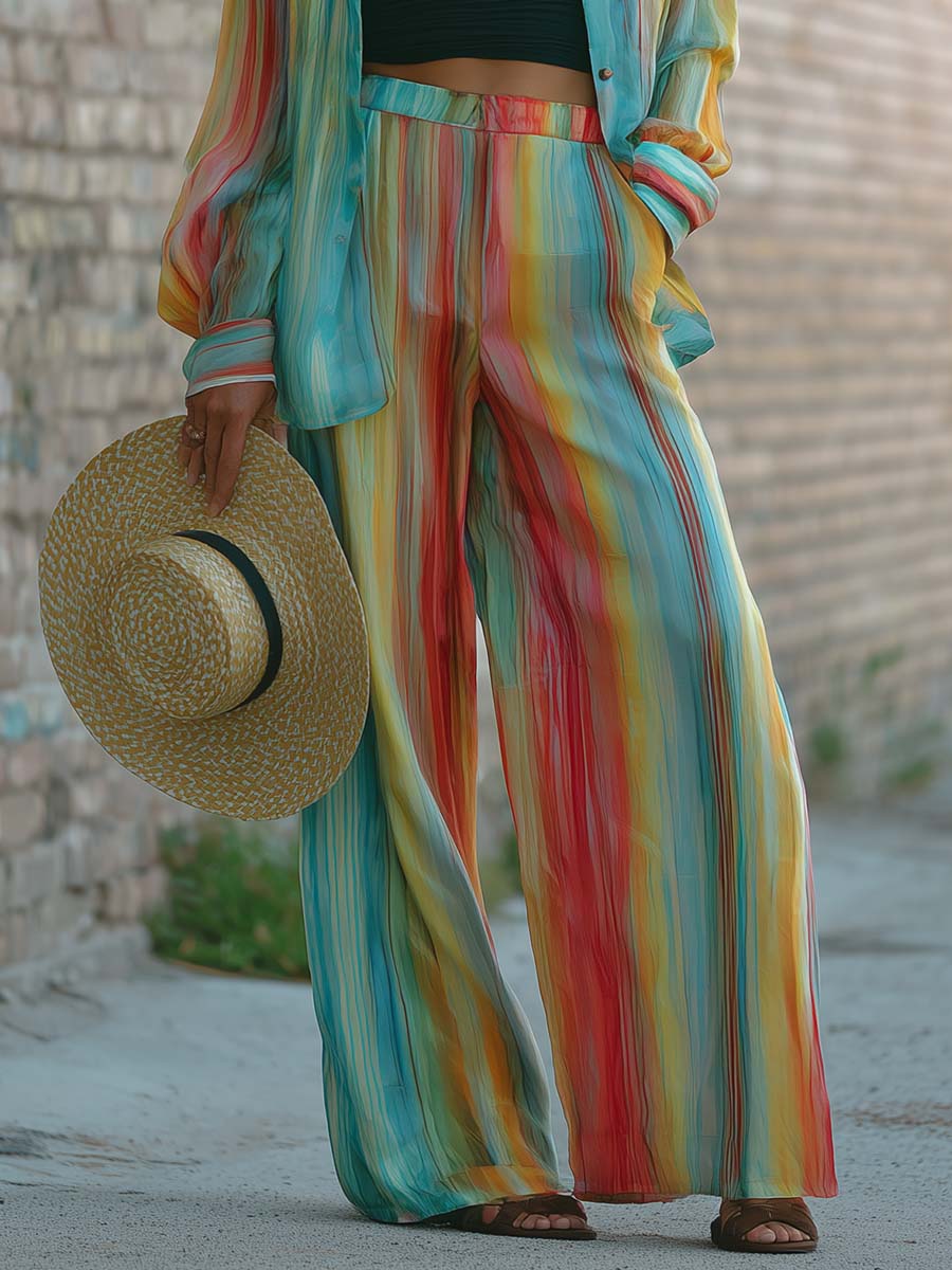Retro Casual Loose Rainbow Striped Print Chiffon Shirt And Pants Set