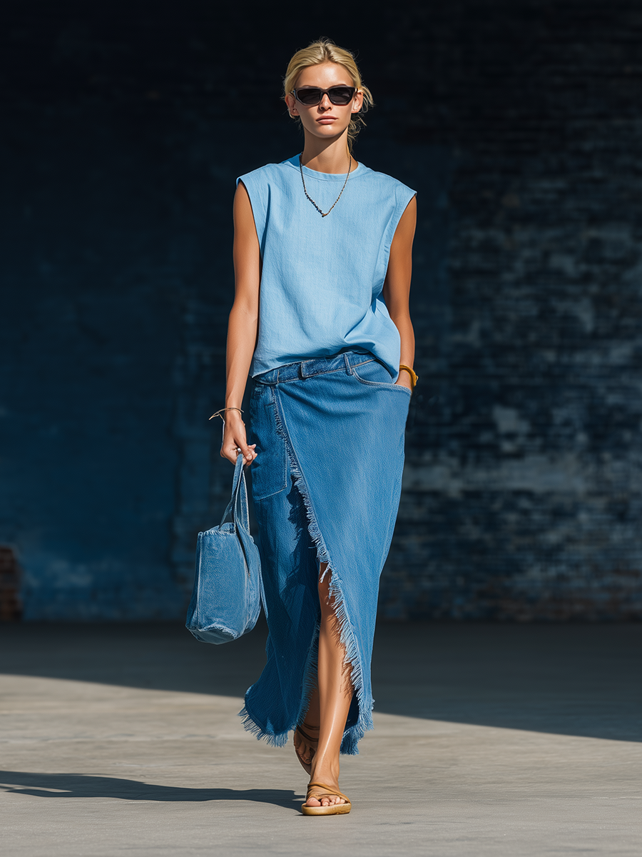 Stylish Simple Loose-fitting Sleeveless Round Neck Light Blue Top And Side-slit Frayed Dark Blue Skirt Denim Set