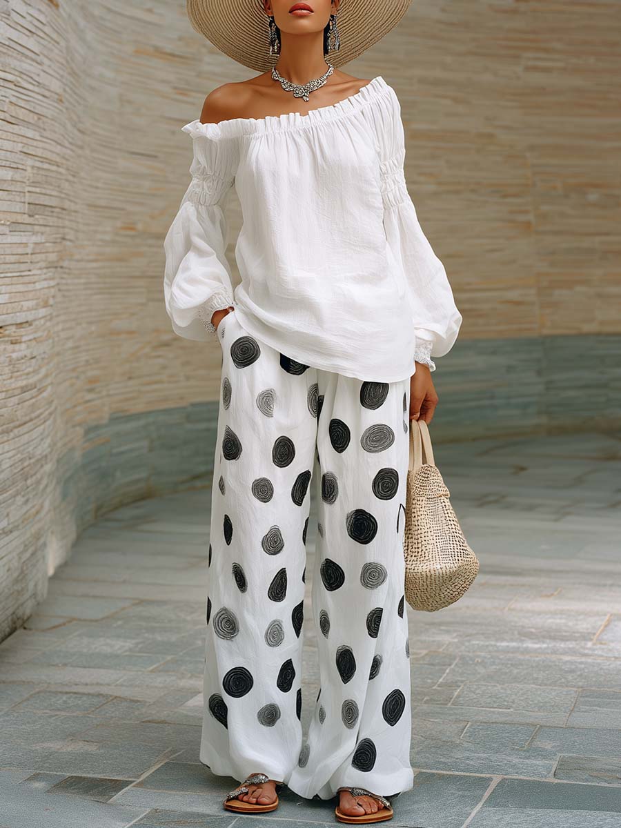 Elegant And Casual White Cotton-linen Off-shoulder Top And Polka Dot Pants Set