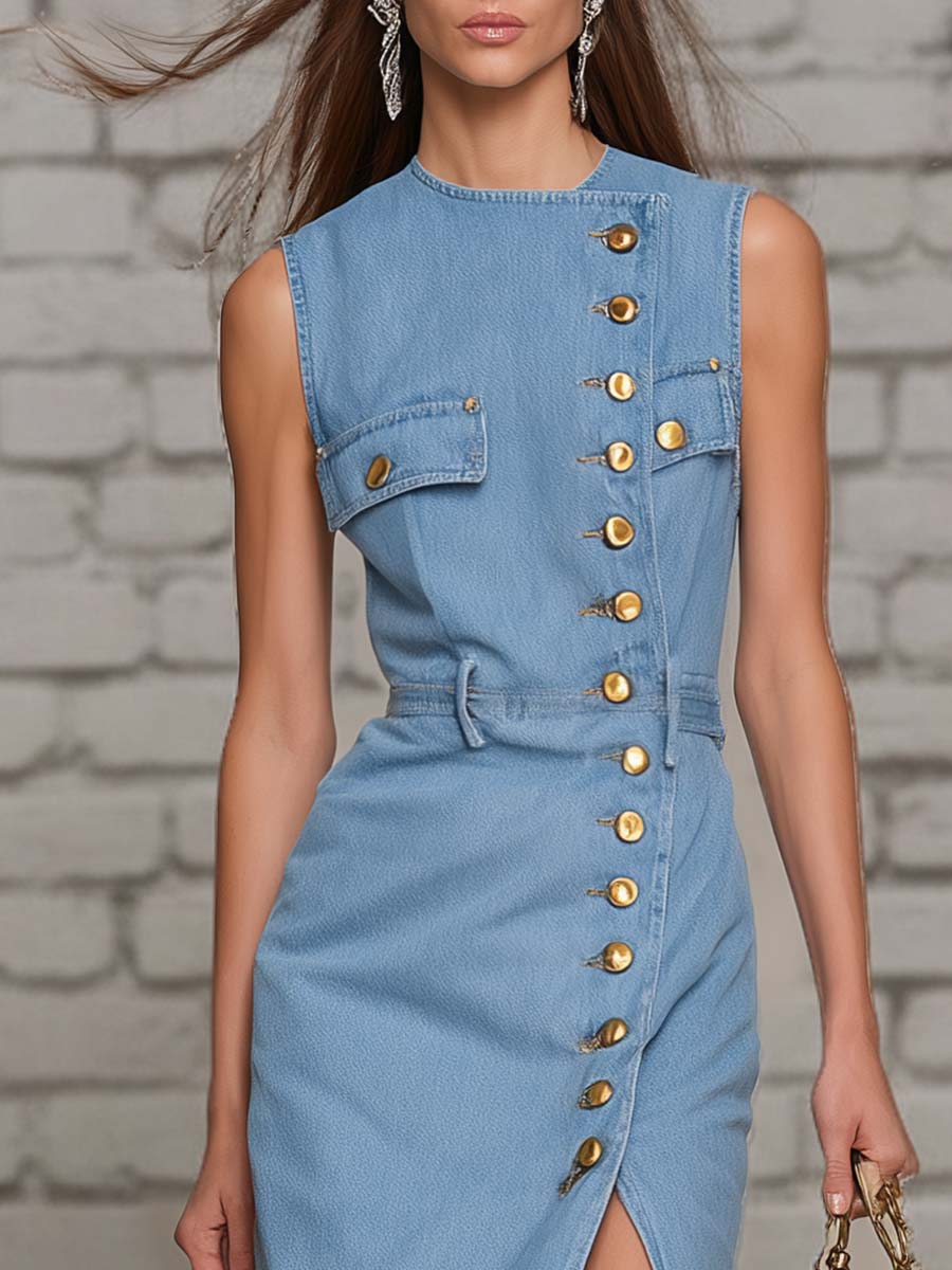 Elegant And Refined Retro Slanted Placket Button Light Blue Denim Slit Midi Dress