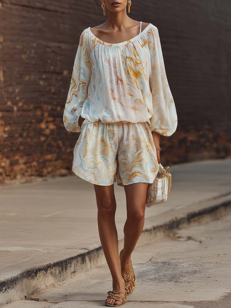 Elegant Urban Print White Chiffon Set