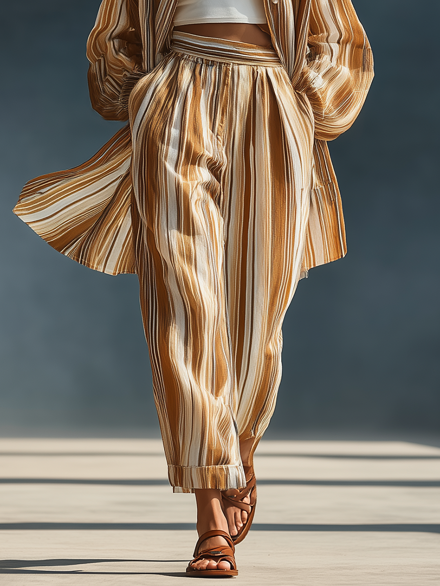 Stylish Simple Striped Loose-fitting Long-sleeved Front Buttons Collared Shirt And Wide-leg Trousers Set