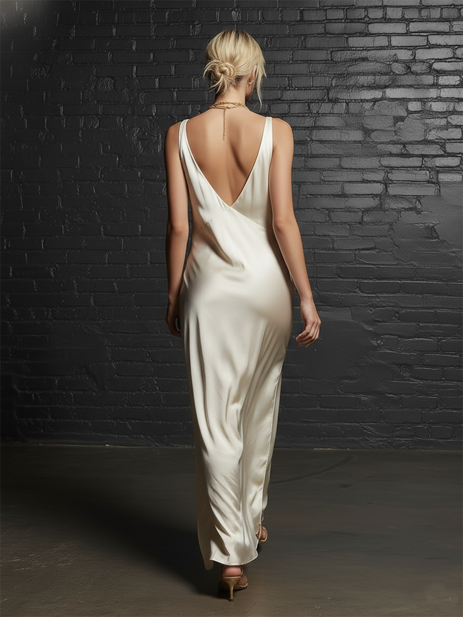 Fashionable And Classic Sleeveless V-neck Backless Side-slit White Satin Maxi Dress