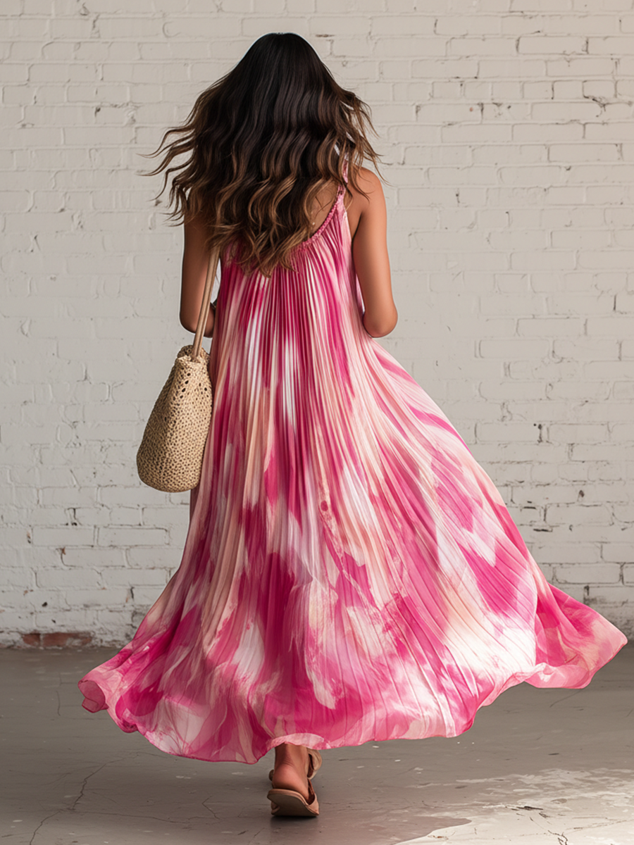 Vacation Style Pink Chiffon Printed Sleeveless Pleated Maxi Dress