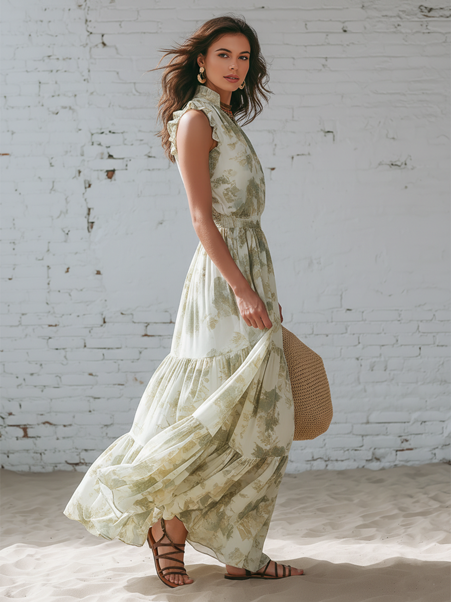 Casual White Chiffon Printed V-neck Sleeveless Ruffled Maxi Dress