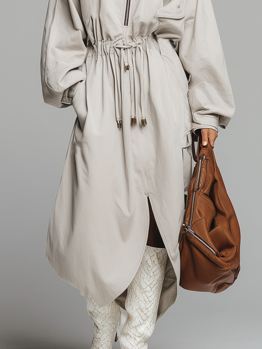 Exquisite Casual Stand-up Collar Front Zipper Waist Drawstring White Cotton Trench Coat Slit Maxi Dress