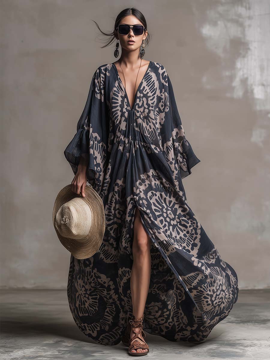Elegant And Flowing Retro Print V-neck Dark Blue Chiffon Slit Maxi Dress