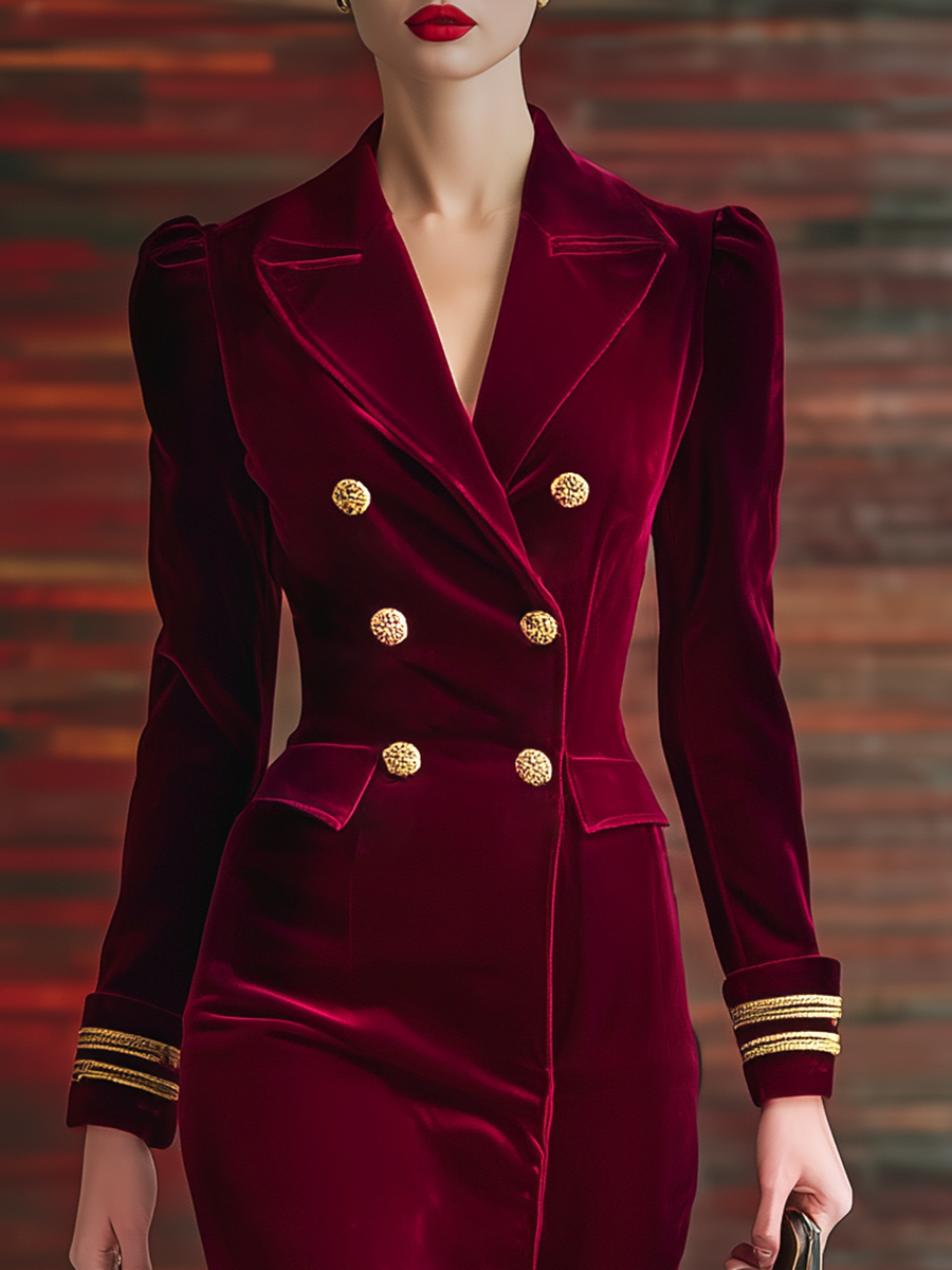 Vintage Sexy Double-Breasted Velvet Midi Dress