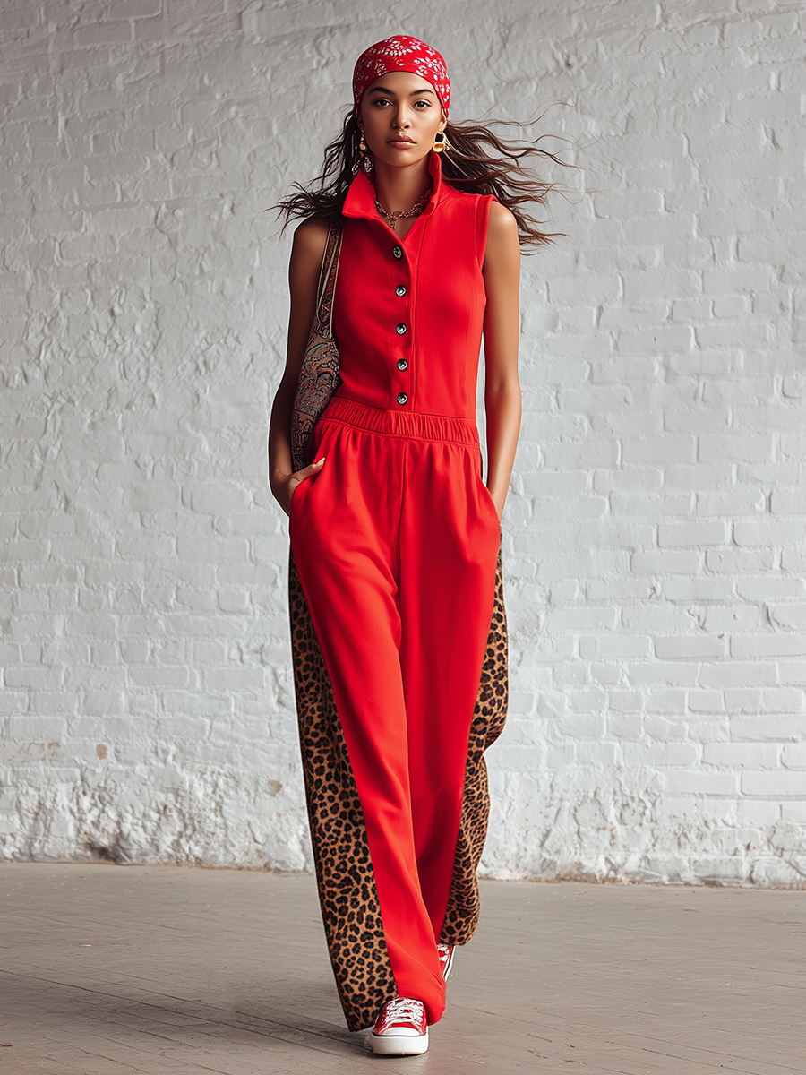 Sporty Red Knitted Stand Collar Sleeveless With Leopard Print Paneling Jumpsuit