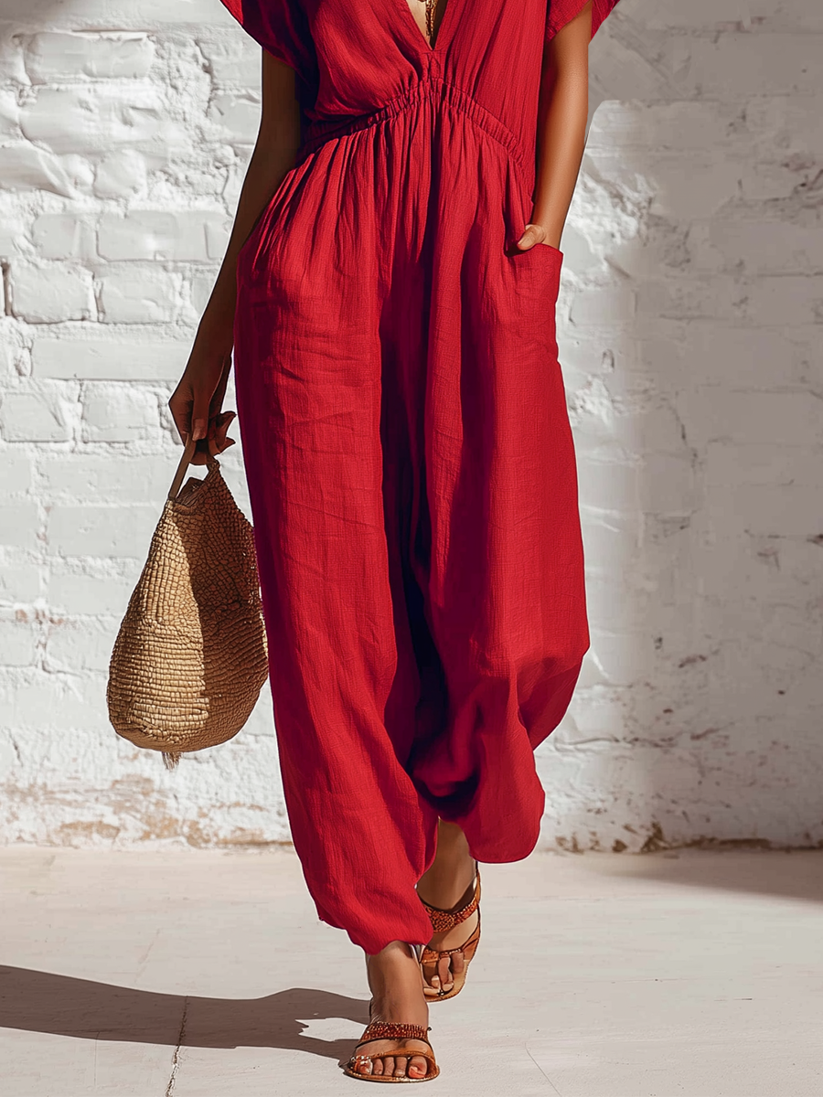 Red Cotton And Linen Batwing Sleeve V-neck With Elastic Waistband Jumpsuit
