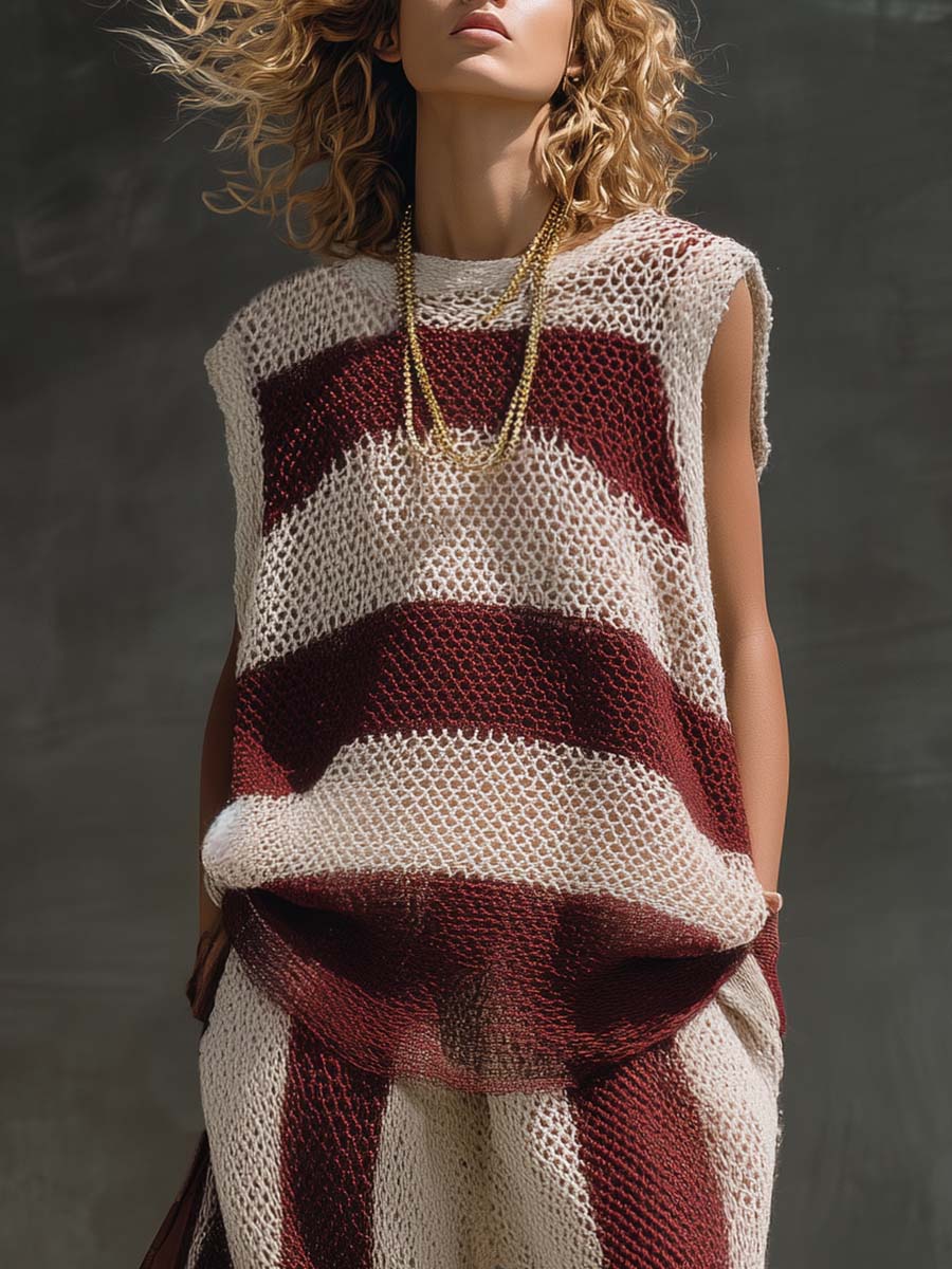 Retro Casual Burgundy And White Striped Openwork Knit Top And Pants Set