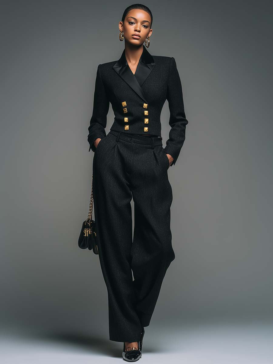 Retro Fashion Black Peak Lapel Cropped Blazer And Trousers Suit