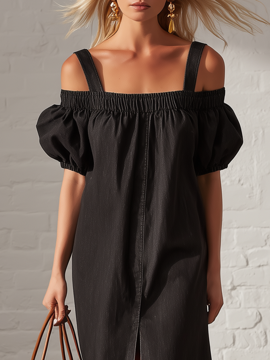 Classic Black Denim Off The Shoulder Elasticated Slit Short Sleeved Midi Dress