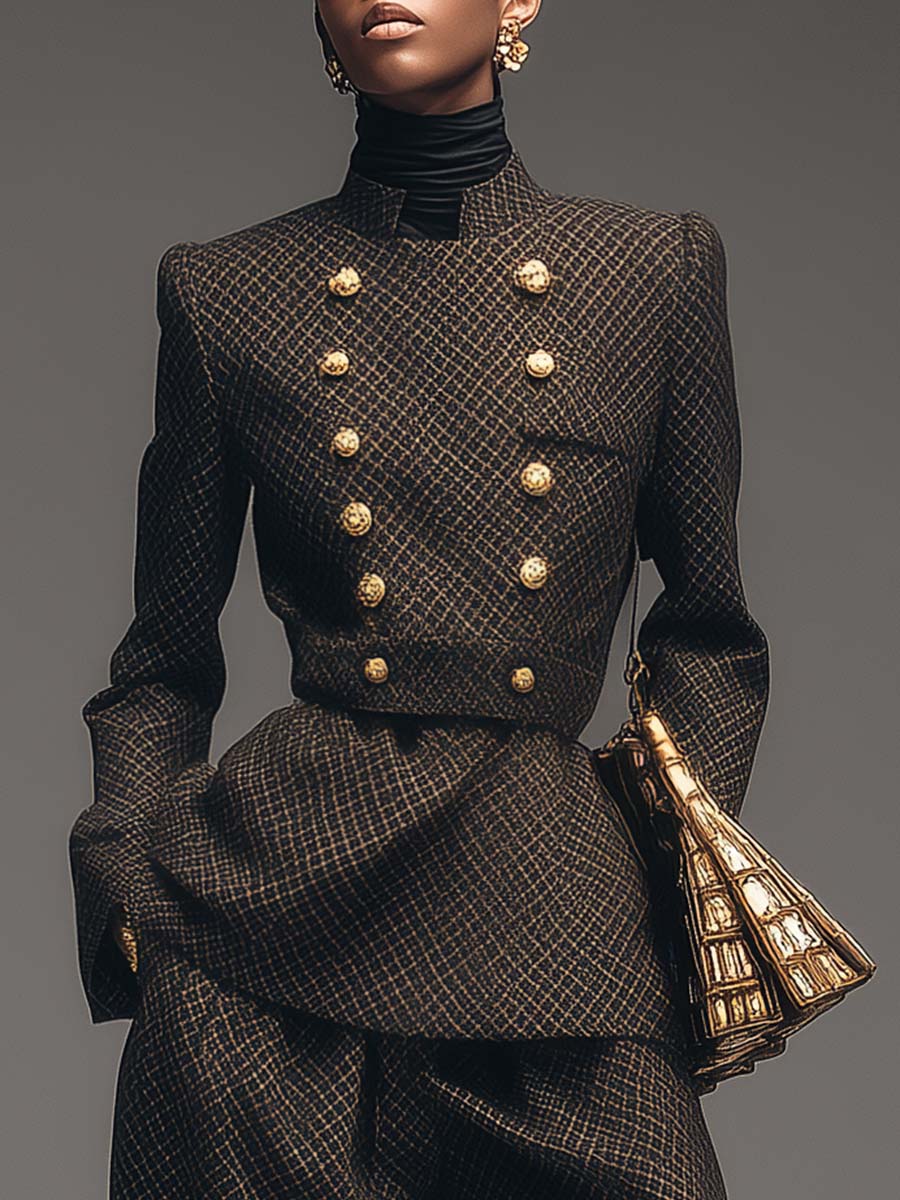 Vintage High-end Brown Diamond Check Stand Collar Double-breasted Waist Jacket And Wide Pants Set