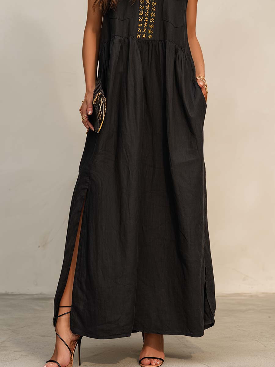 Exquisite Casual Loose Fit Gold Embroidered V-neck Sleeveless Black Cotton Linen Maxi Dress