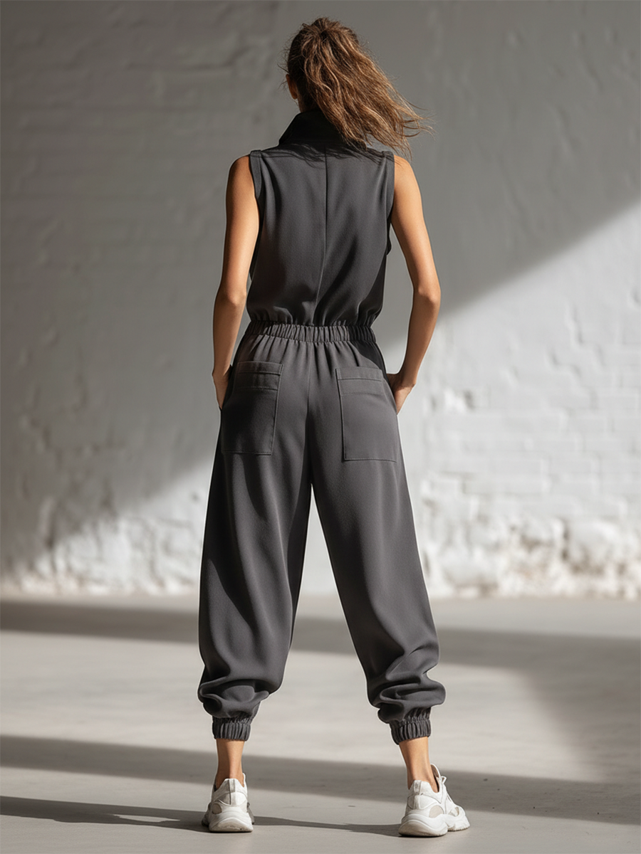 Stylish Simple Loose-fitting Sleeveless Stand-collar Front-buttoned Cotton Gray Jumpsuit