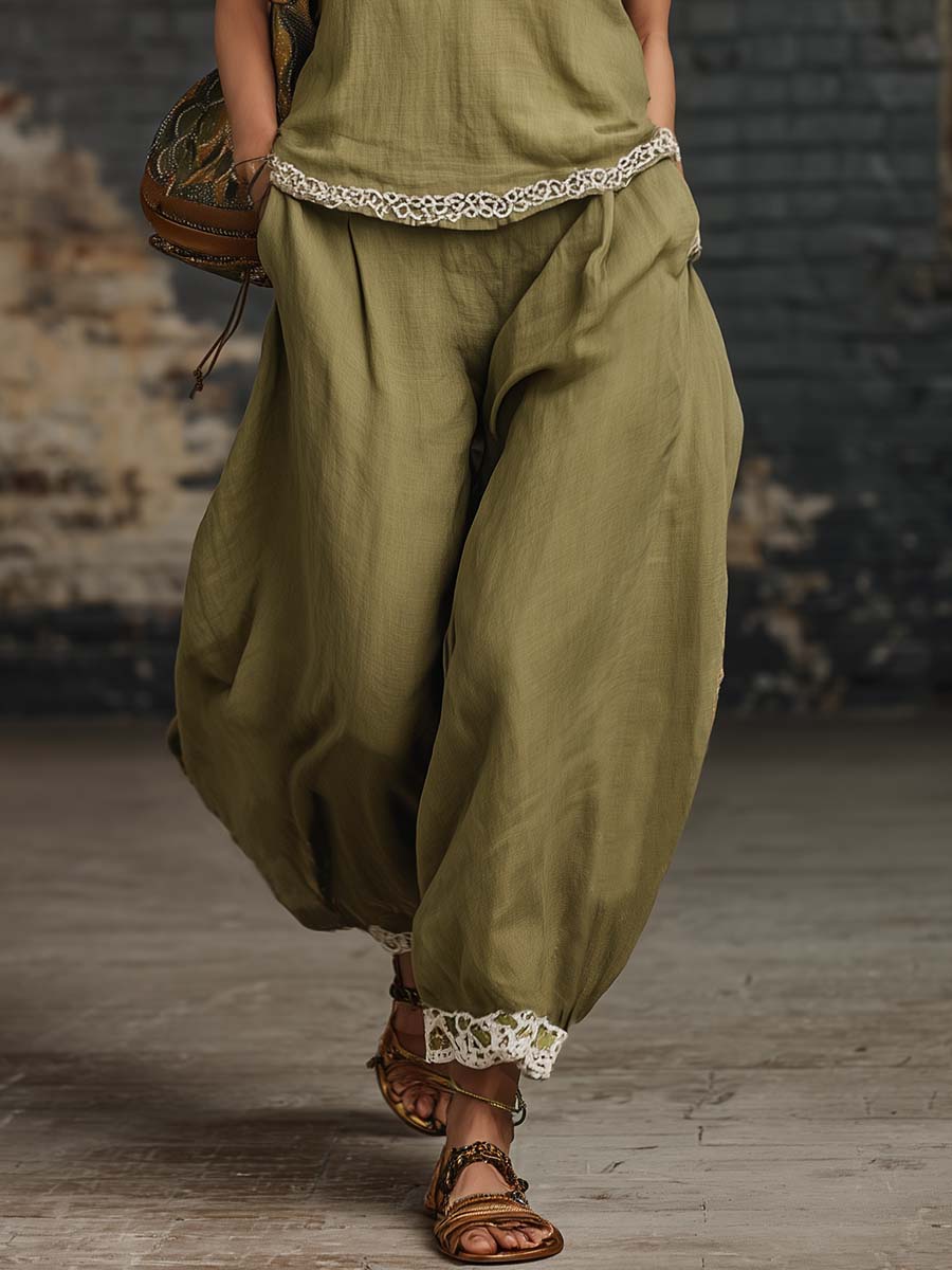 Retro Casual Urban V-neck Embroidered Lace Trim Olive Green Cotton Linen Top And Pants Set