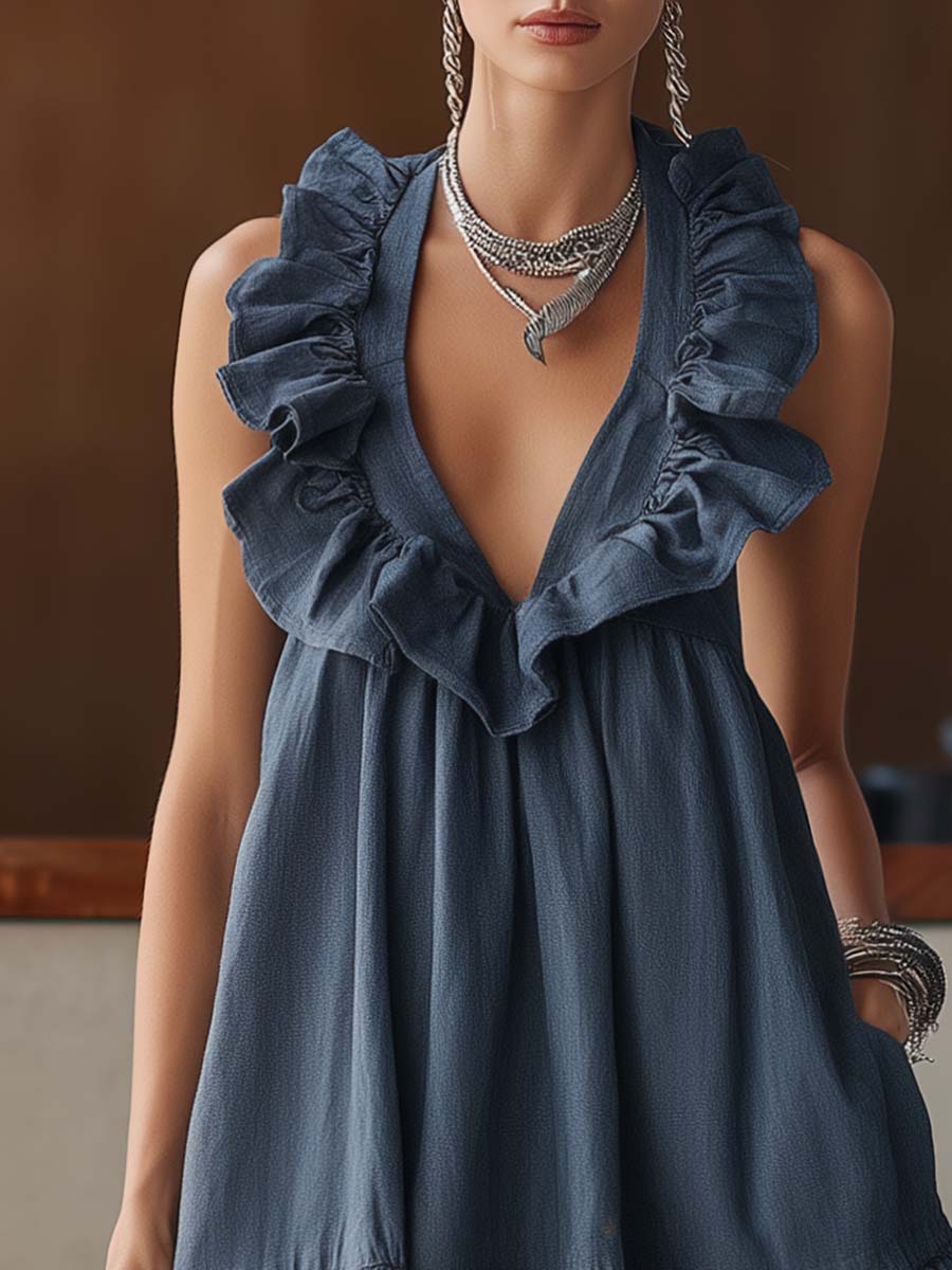 Elegant Urban V-neck Ruffled Blue-grey Denim Mini Dress