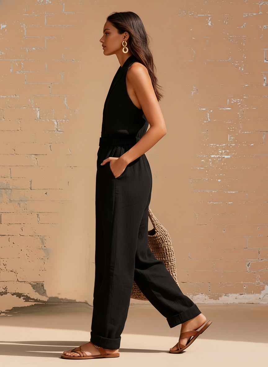 Urban Black Cotton Linen Sleeveless Collared Button Jumpsuit
