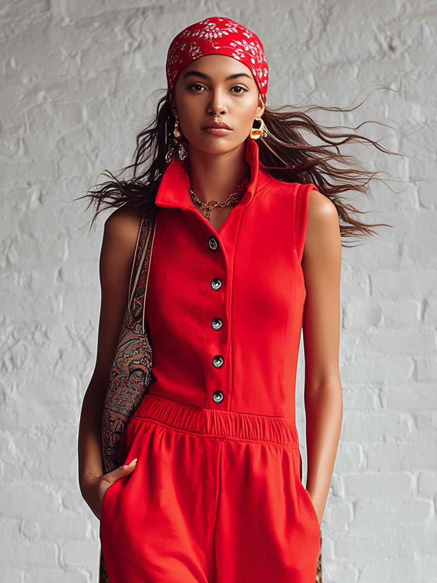 Sporty Red Knitted Stand Collar Sleeveless With Leopard Print Paneling Jumpsuit