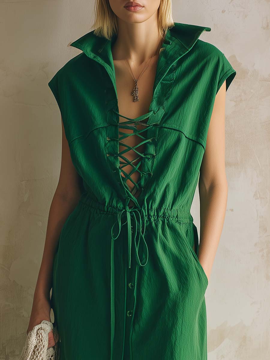 Retro Casual Urban Style Lapel Front-tie Emerald Green Cotton Maxi Dress