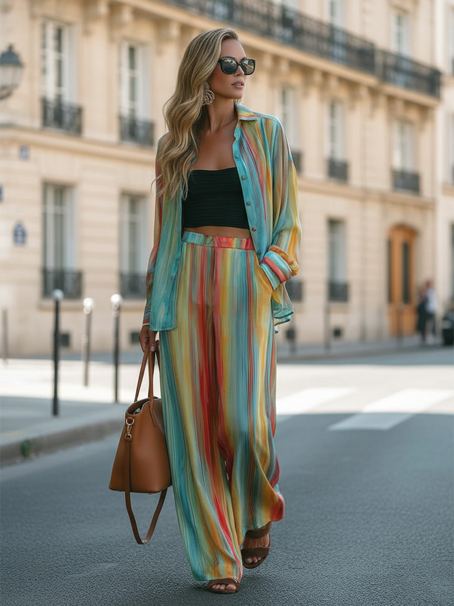Retro Casual Loose Rainbow Striped Print Chiffon Shirt And Pants Set