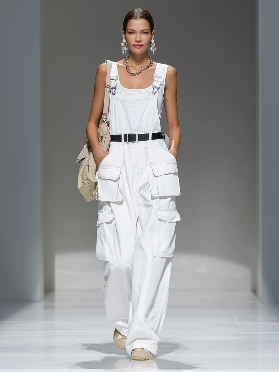 Fashionable And Casual White Denim Adjustable Overall