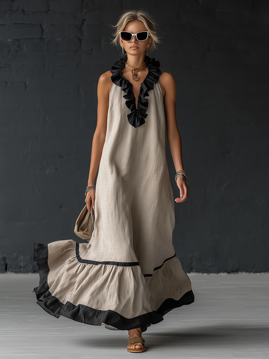 Stylish Simple Sleeveless Color-blocked Ruffled V-neck Cotton Linen Maxi Dress