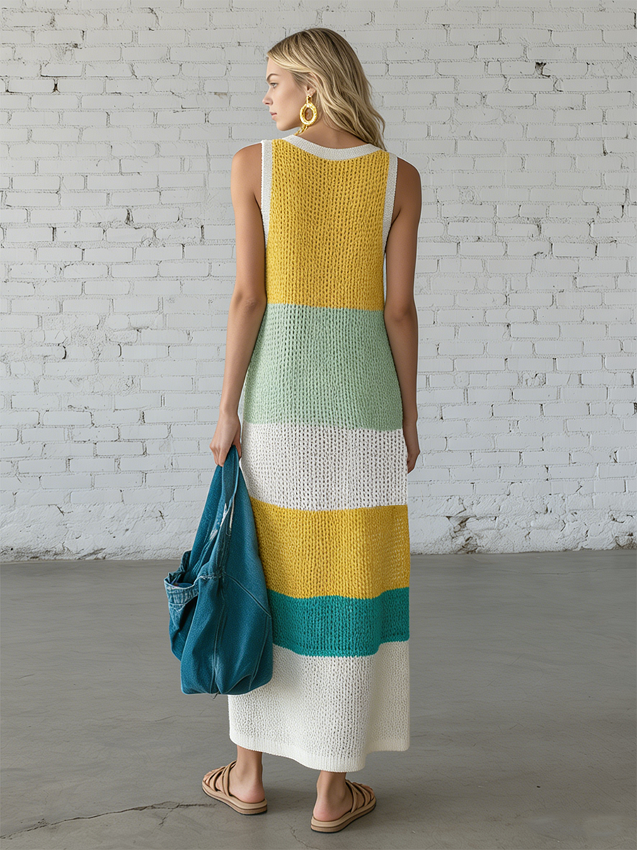Casual V-neck Sleeveless Knitted With Yellow And Green Stripes Maxi Dress