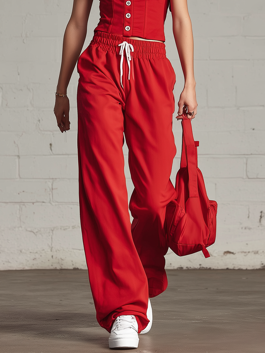 Sporty Style Red Knitted Square Neck Button Down Camisole And Wide Leg Pants Set