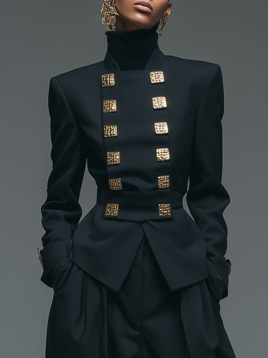 Retro Stand-up Collar Double-breasted Metal Decoration, Black X-shaped Blazer And Wide Pants Suit