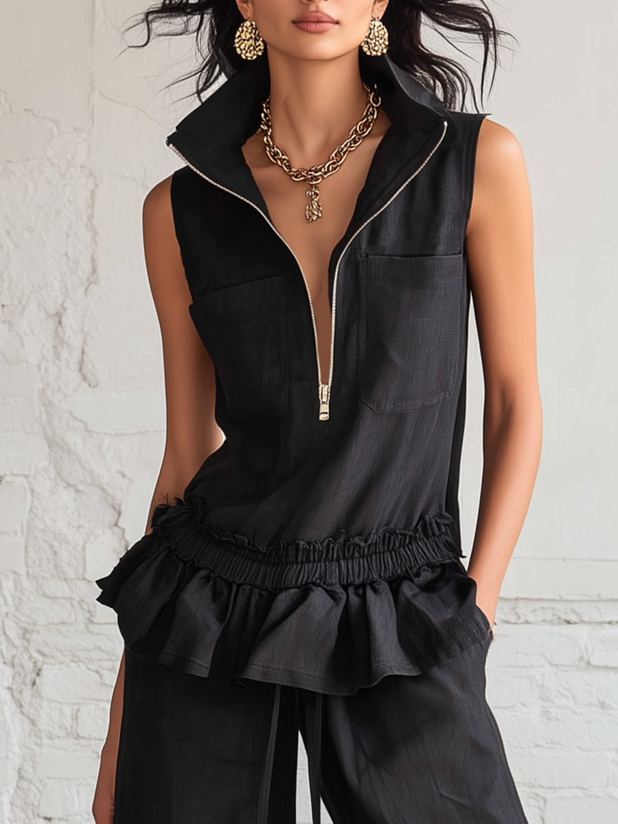 Casual Black Linen Sleeveless Top With Ruffle Details And Wide Leg Pants Set