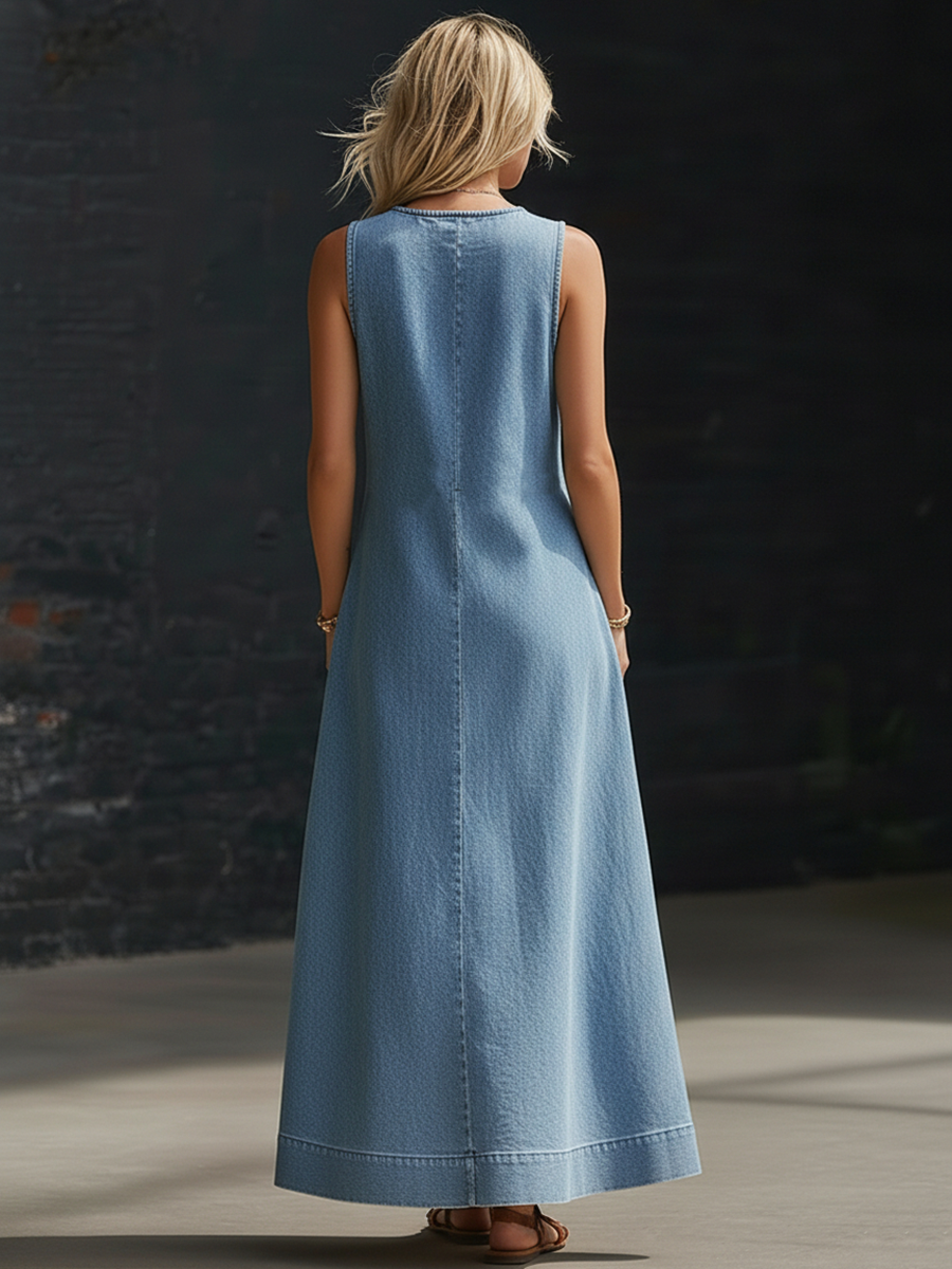 Retro-style Sleeveless V-neck Diagonally Buttoned Blue Denim Maxi Dress
