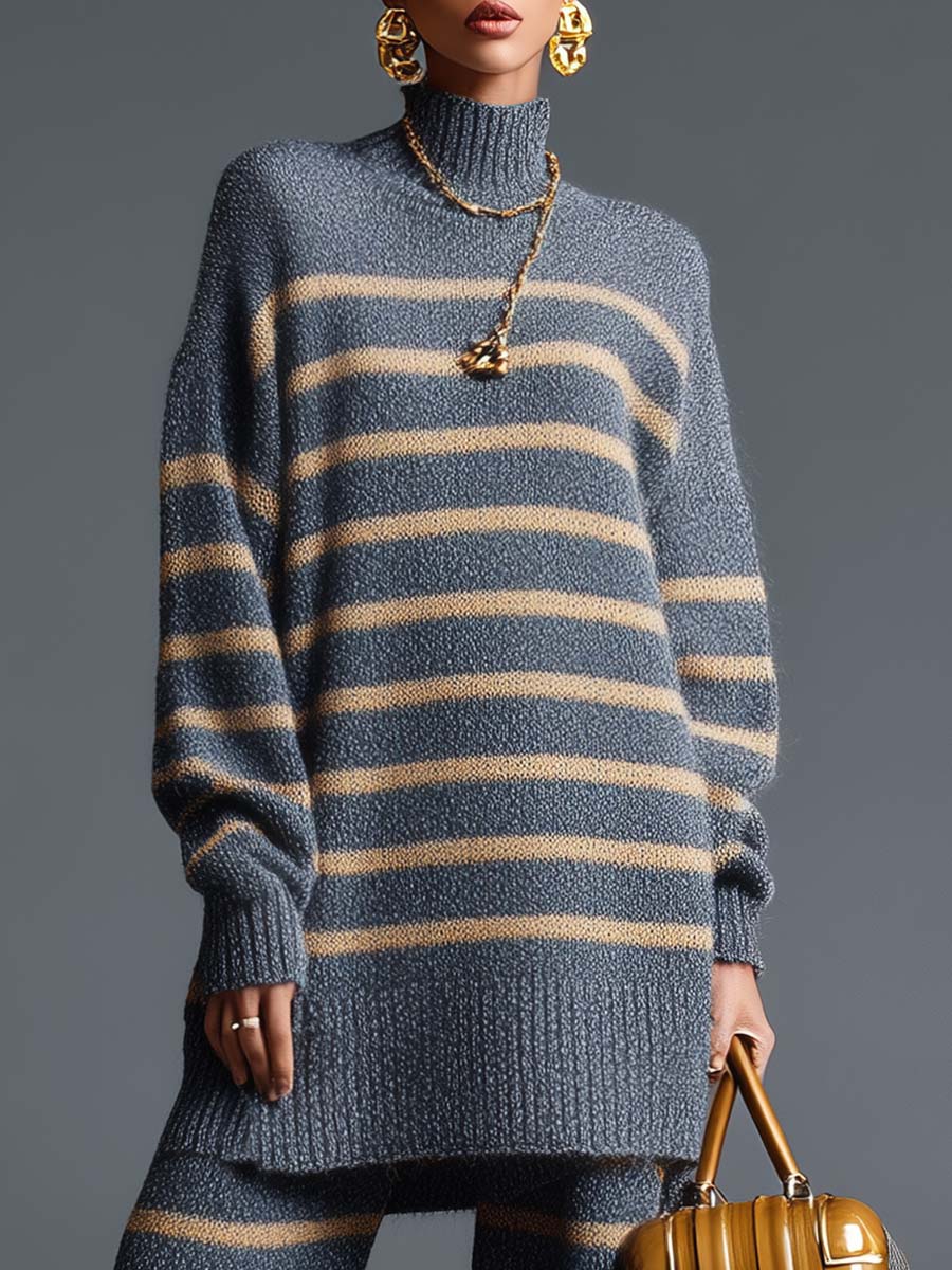 Vintage Style Street Style High Collar Striped Long Knitted Top And Pants Set