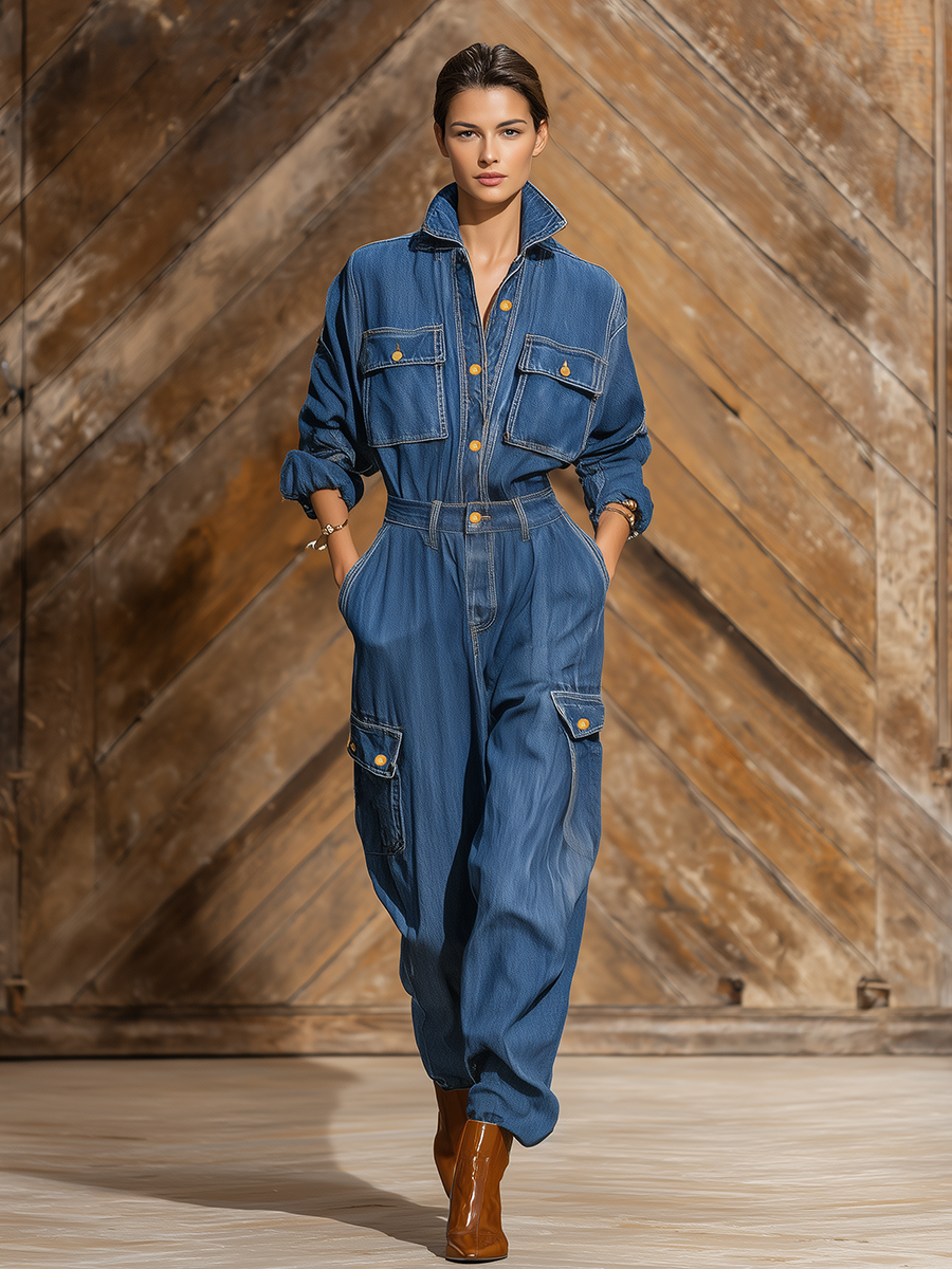 Vintage Street Style Lapel Multi-pocket Workwear Denim Jumpsuit