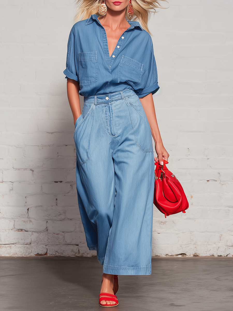 Retro Blue Denim Collared Top And Wide Leg Pants Set