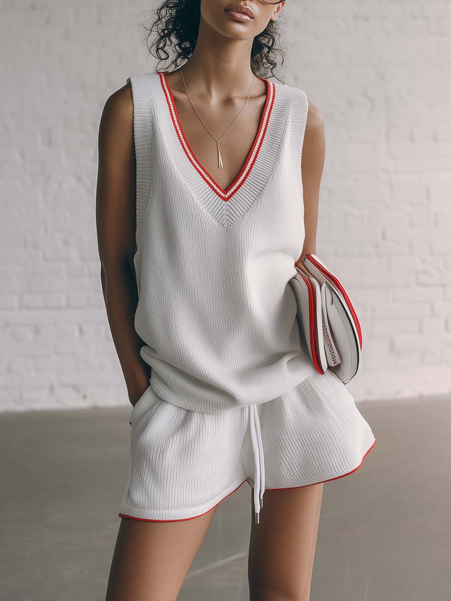 Breathable Fashion Nautical Sporty Red Trim V-neck White Knitted Top And Shorts Set