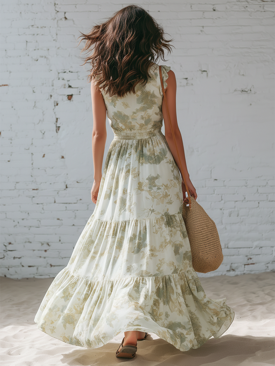 Casual White Chiffon Printed V-neck Sleeveless Ruffled Maxi Dress