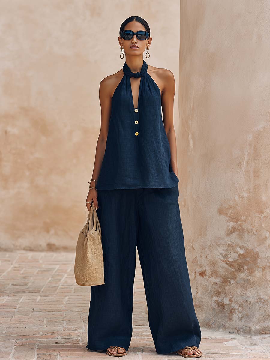 Casual Urban Halter Neck V-neck Front Button Dark Blue Cotton Linen Top And Pants Set