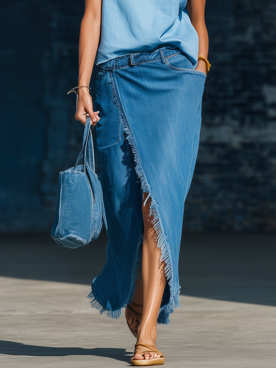 Stylish Simple Loose-fitting Sleeveless Round Neck Light Blue Top And Side-slit Frayed Dark Blue Skirt Denim Set
