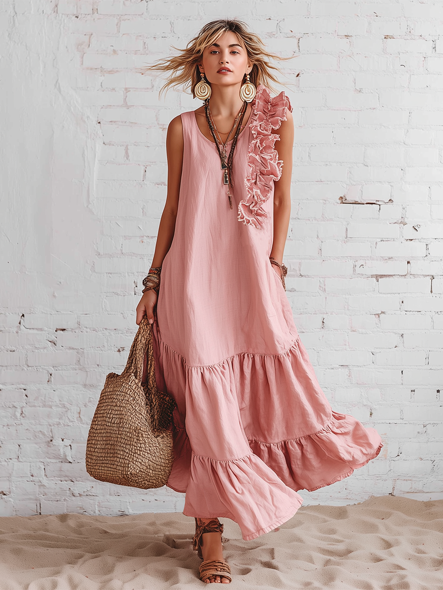 Casual Pink Cotton Linen Blend Sleeveless With Ruffled Round Neckline Maxi Dress