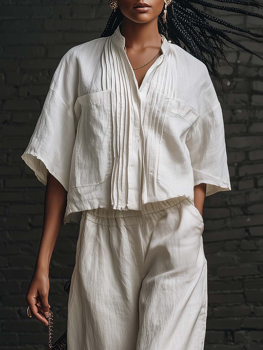 Personalized Casual Urban White Cotton Pleated Short-sleeved Shirt And Pants Set